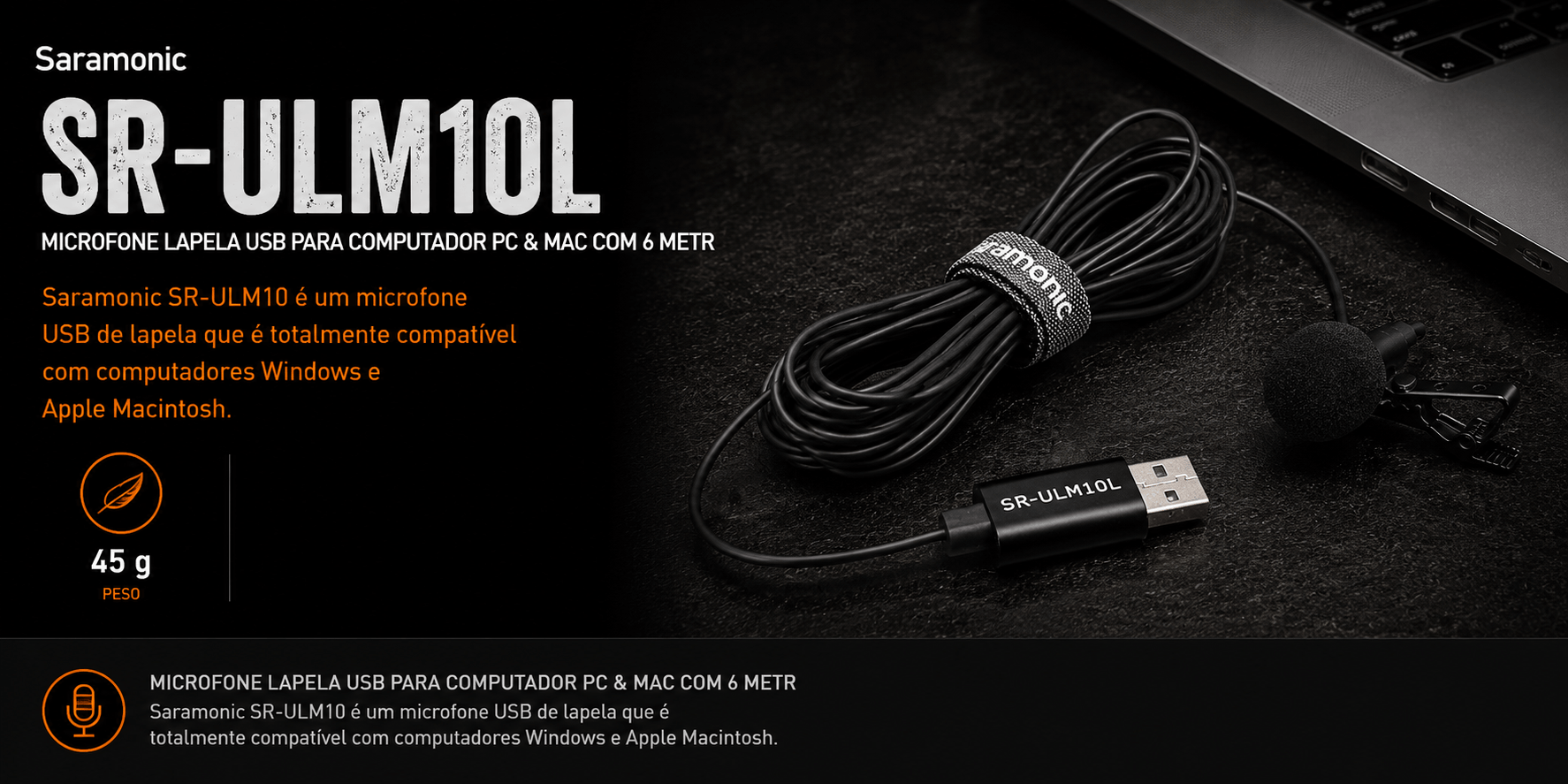 SR-ULM10L — Microfone Lapela USB para computador PC & MAC
