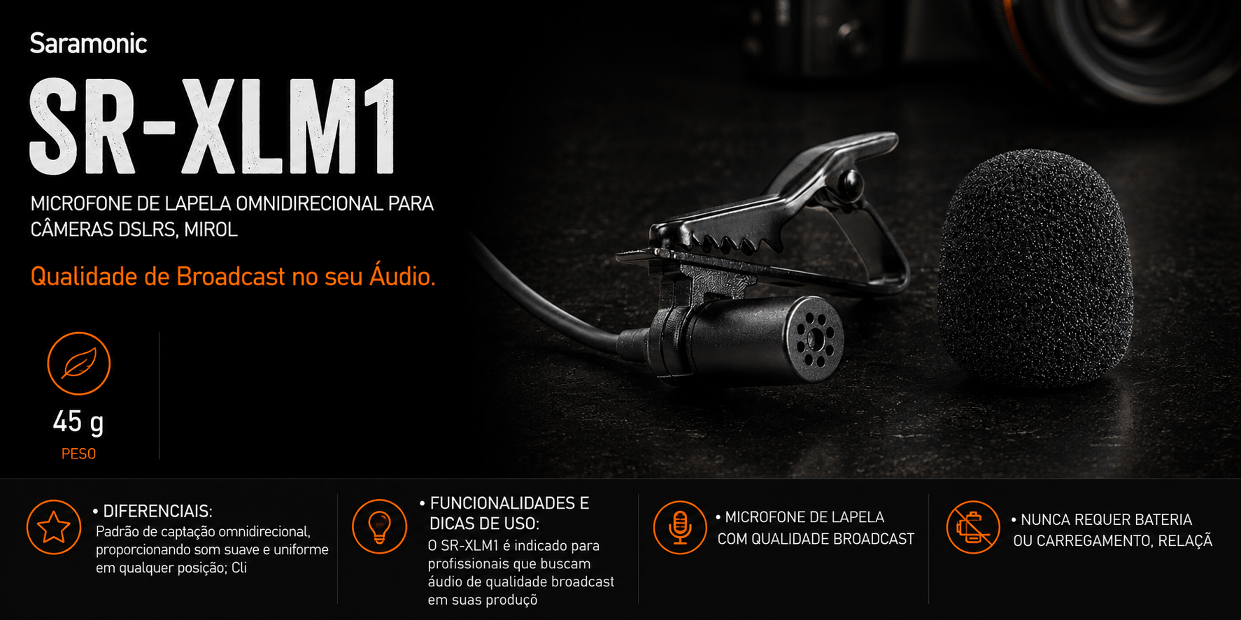 SR-XLM1 — Microfone de Lapela Omnidirecional para Câmera