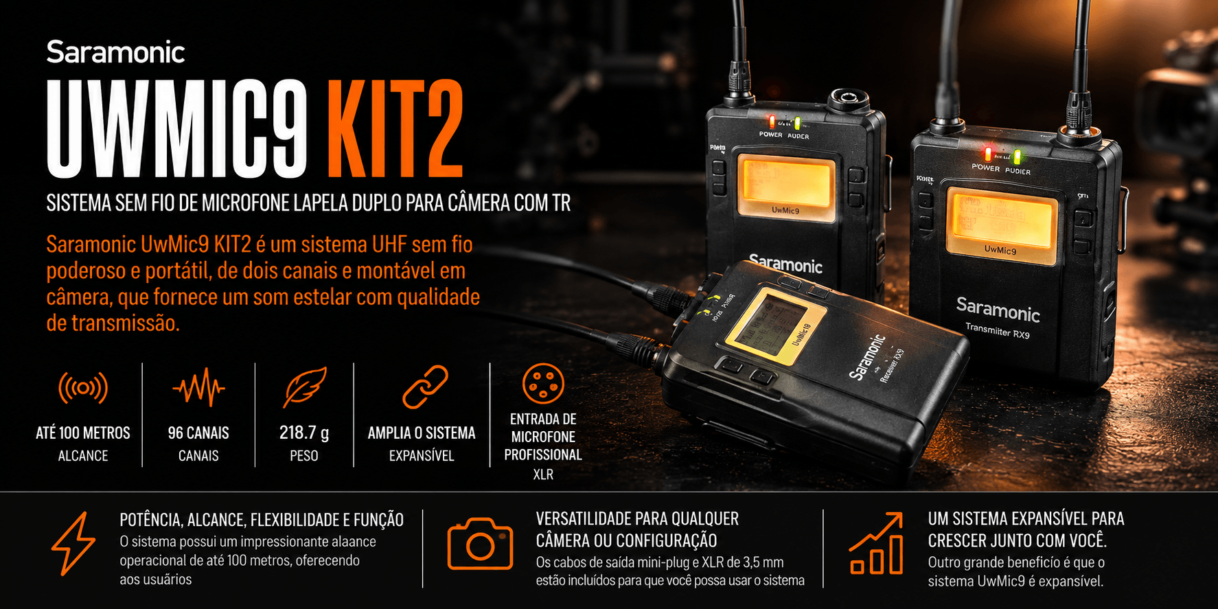 UWMIC9 KIT2 — Sistema sem fio de Microfone Lapela Duplo para