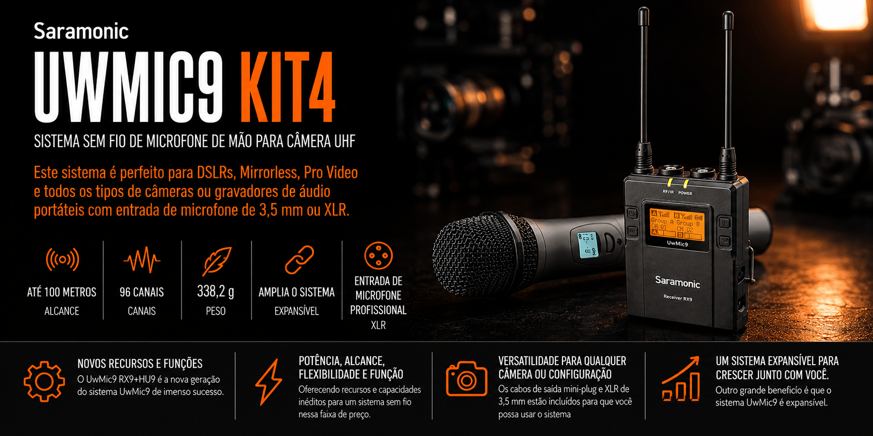UWMIC9 KIT4 — Sistema sem fio de Microfone de mão para câmer