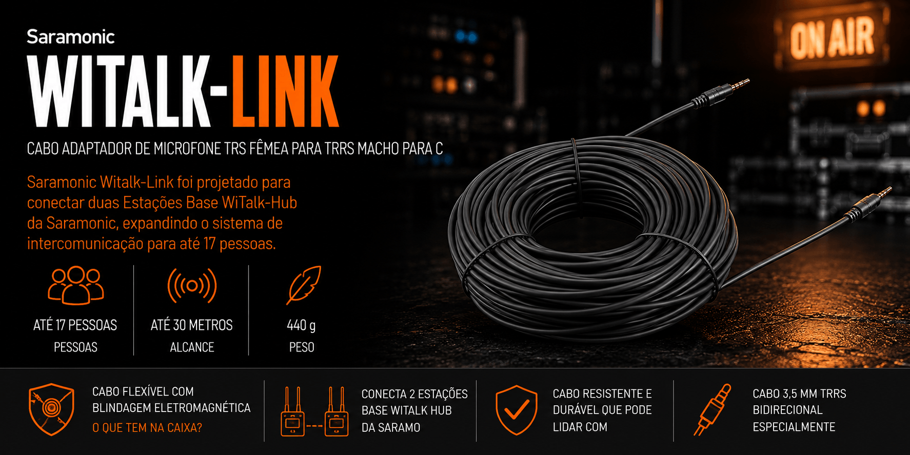 WiTalk-Link — Cabo Adaptador de Microfone TRS Fêmea para TRR