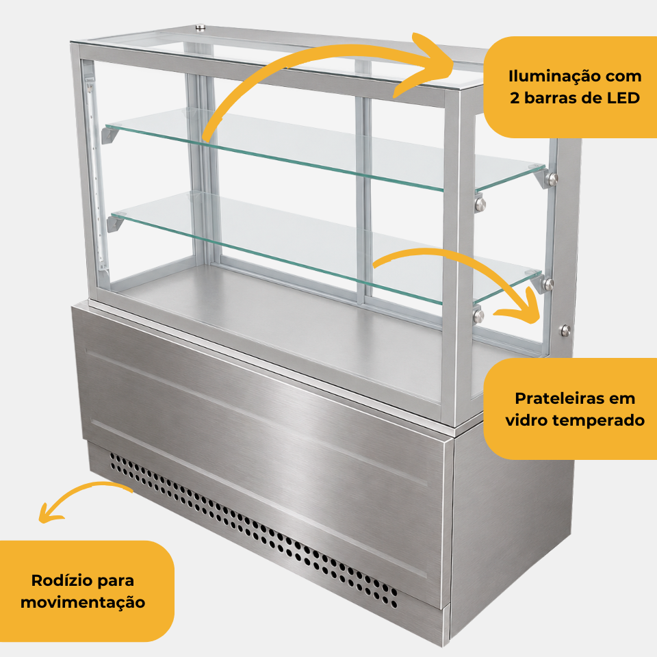 Informações da vitrine refrigerada Linha Prime inox 1,00m