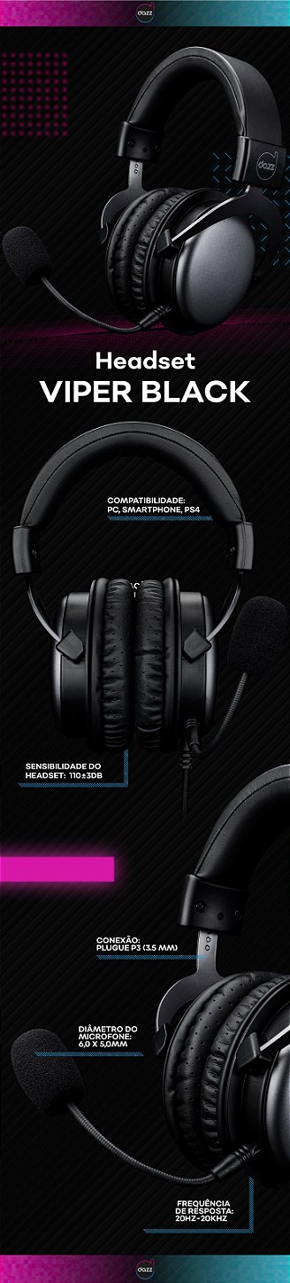 Headset Gamer Dazz Viper Black 2.0 Driver 50mm P3 com Adaptador P2 - Saqueti