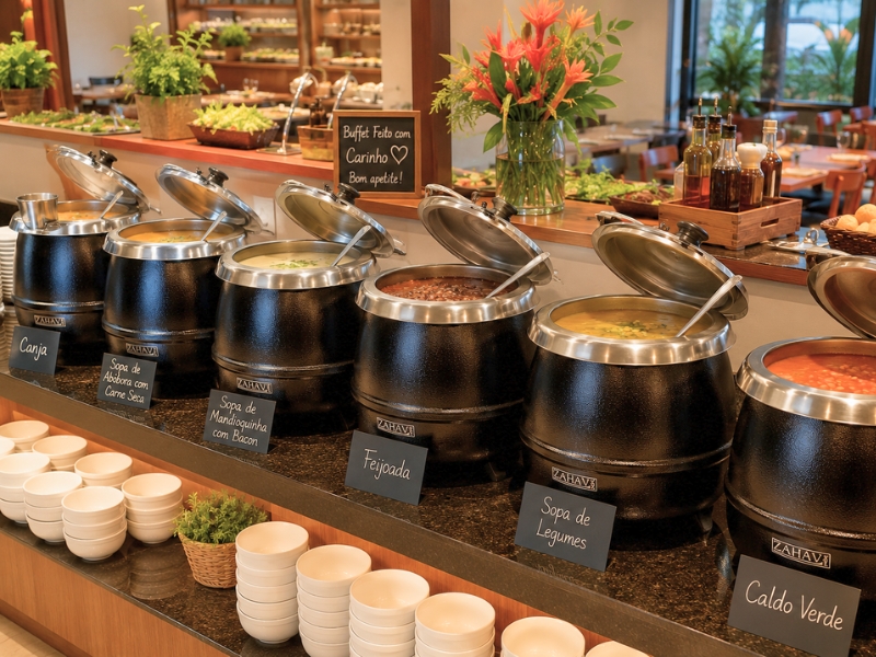 Sopas e caldos servidos em buffet