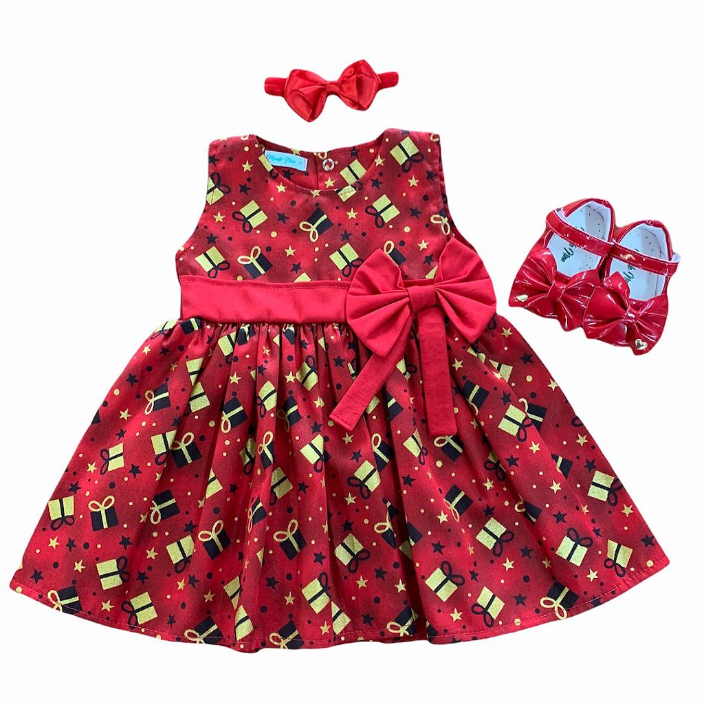 Vestido de Beb Natal Melissa 100 Algod o com Tiara e Sapatinho