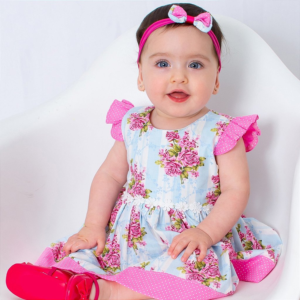Vestido de Bebê Florido com Tiara 100% Algodão - Bruna - Mundo Nina Kids