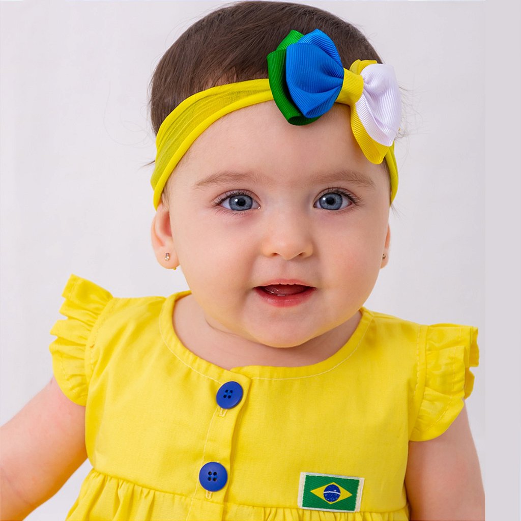 Vestido Bebê Copa do Mundo Brasil com Tiara 100% Algodão - Mundo Nina Kids  - A Sua Loja de Roupa de Bebê e Kids feminino