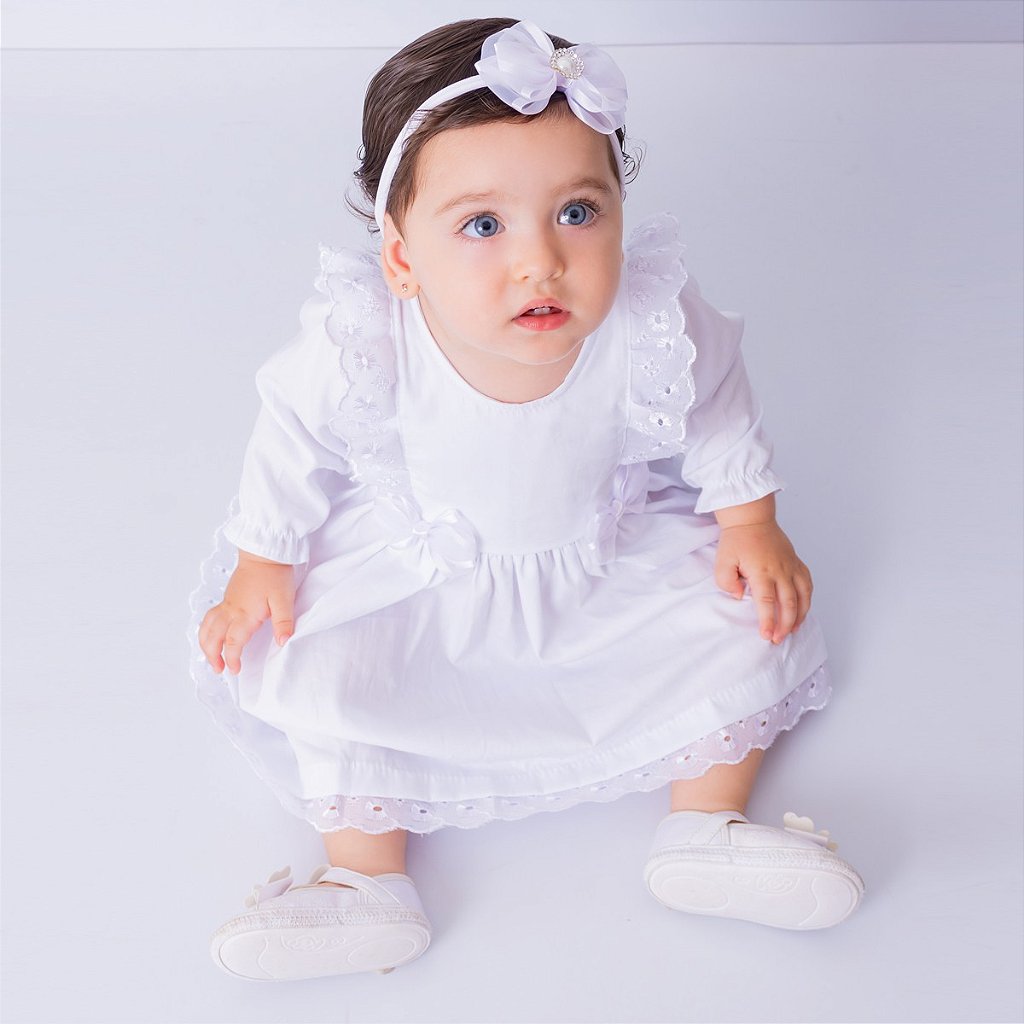 Vestido Bebê Branco Batizado Manga Longa Com Tiara 100% Algodão