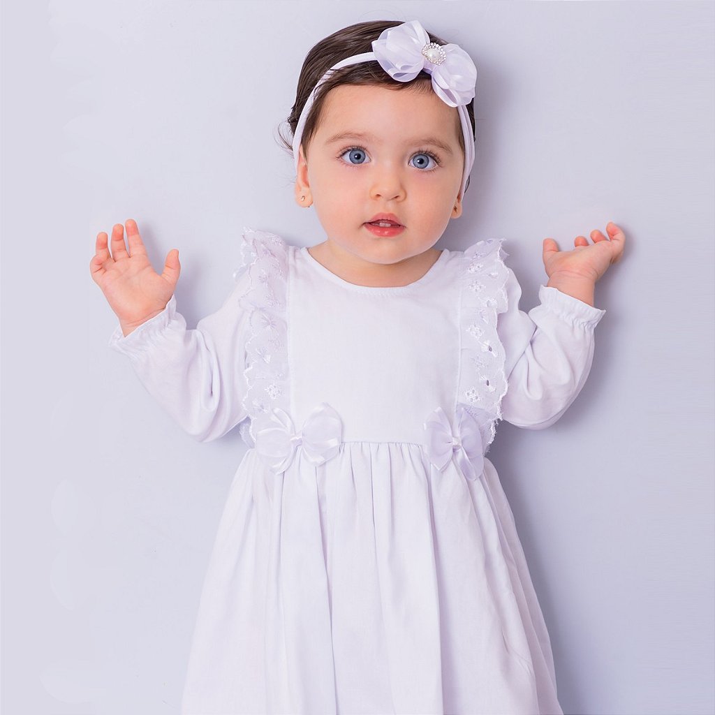 Vestido Bebê Branco Batizado Manga Longa Com Tiara 100% Algodão - Lua -  Mundo Nina Kids - A Sua Loja de Roupa de Bebê Online