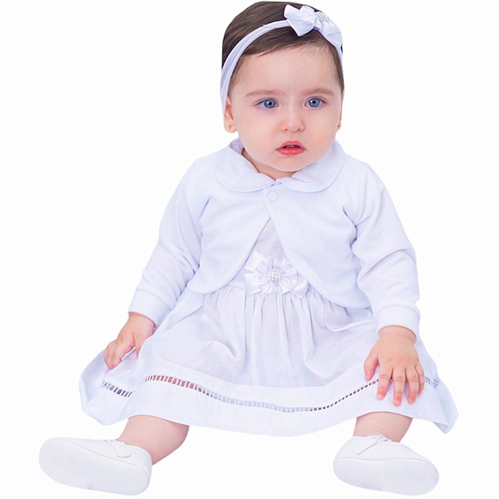 Vestido de Bebê Batizado com Bolero e Tiara 100% Algodão - Mundo Nina Kids  - A Sua Loja de Roupa de Bebê e Kids feminino
