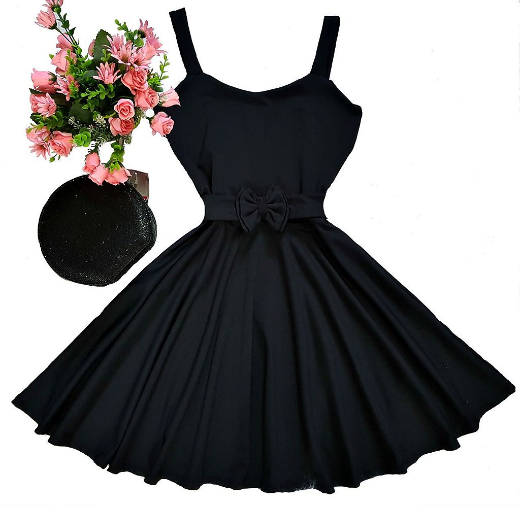 vestido alça laço preto festa rodado - Cherry Cat Moda Feminina