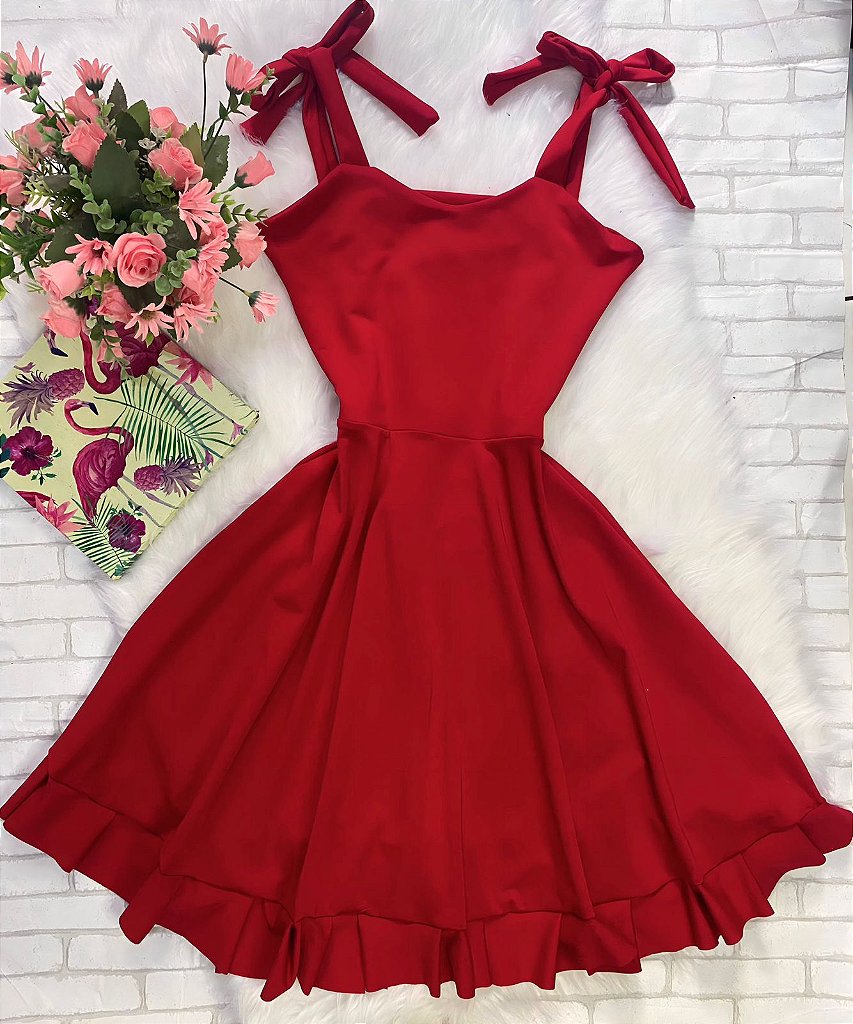 vestido vermelho rodado curto alça babado festa - Cherry Cat Moda Feminina