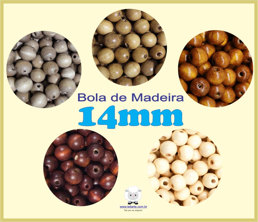 Bola de Madeira (Missanga, Miçanga, Entremeio, bola macramê) - 14mm -  Pacote com 20 unidades da mesma cor - Leilarte Aviamentos