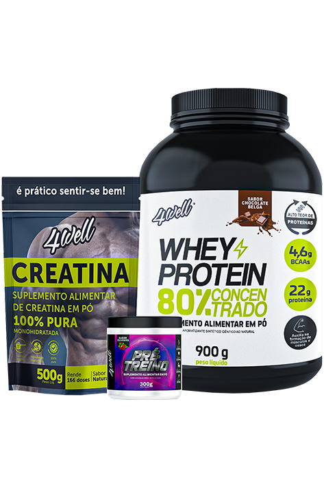 KIT WHEY PROTEIN POTE CHOCOLATE BELGA + CREATINA + PRÉ TREINO GUARANÁ 4WELL