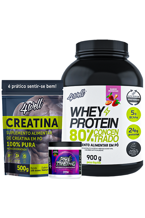 Kit Whey Protein Pote Morango + Creatina + Pré treino Guaraná 4well
