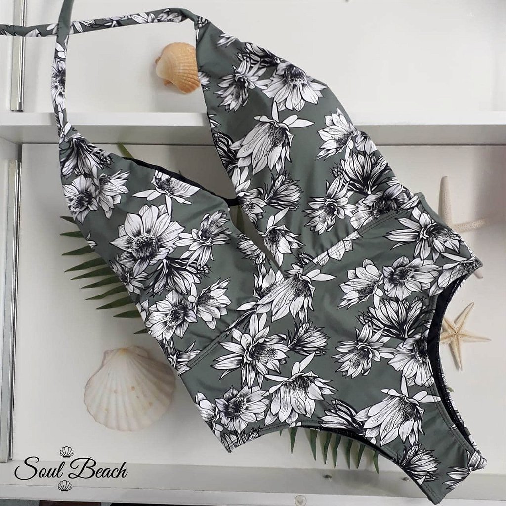 Soul Beach Moda Praia Frente Única Folhas Verde com Branco