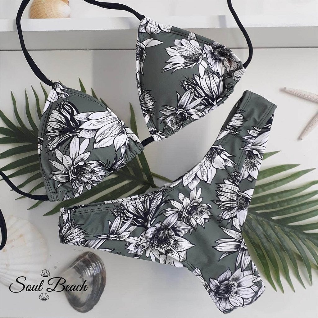 Soul Beach Moda Praia biquíni cortininha fio duplo floral verde