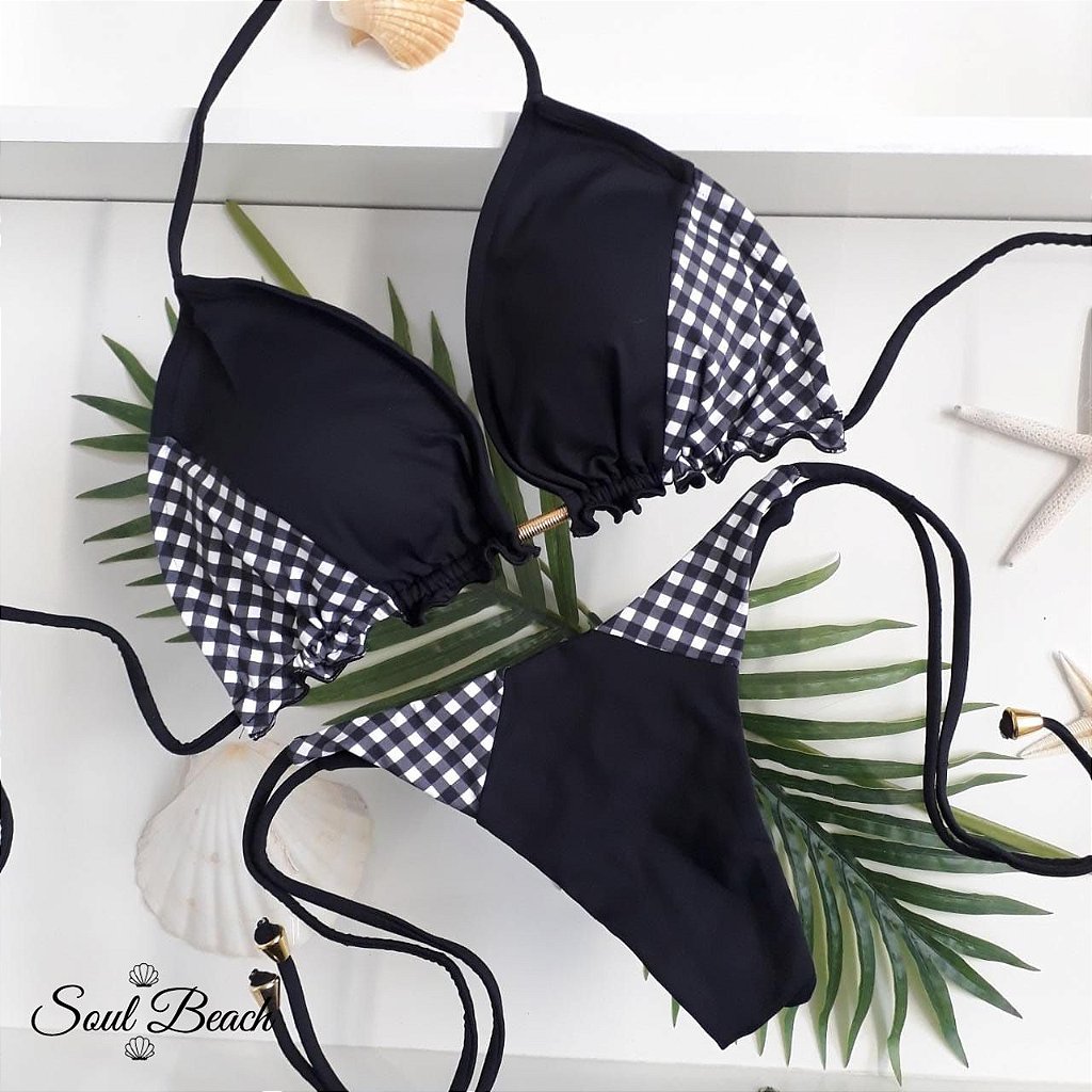 Soul Beach Moda Praia biquíni cortininha lacinho dupla face xadrez e preto