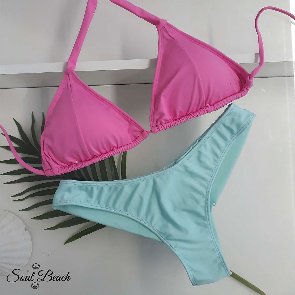 Soul Beach Moda Praia biquíni cortininha fio duplo rosa e verde água