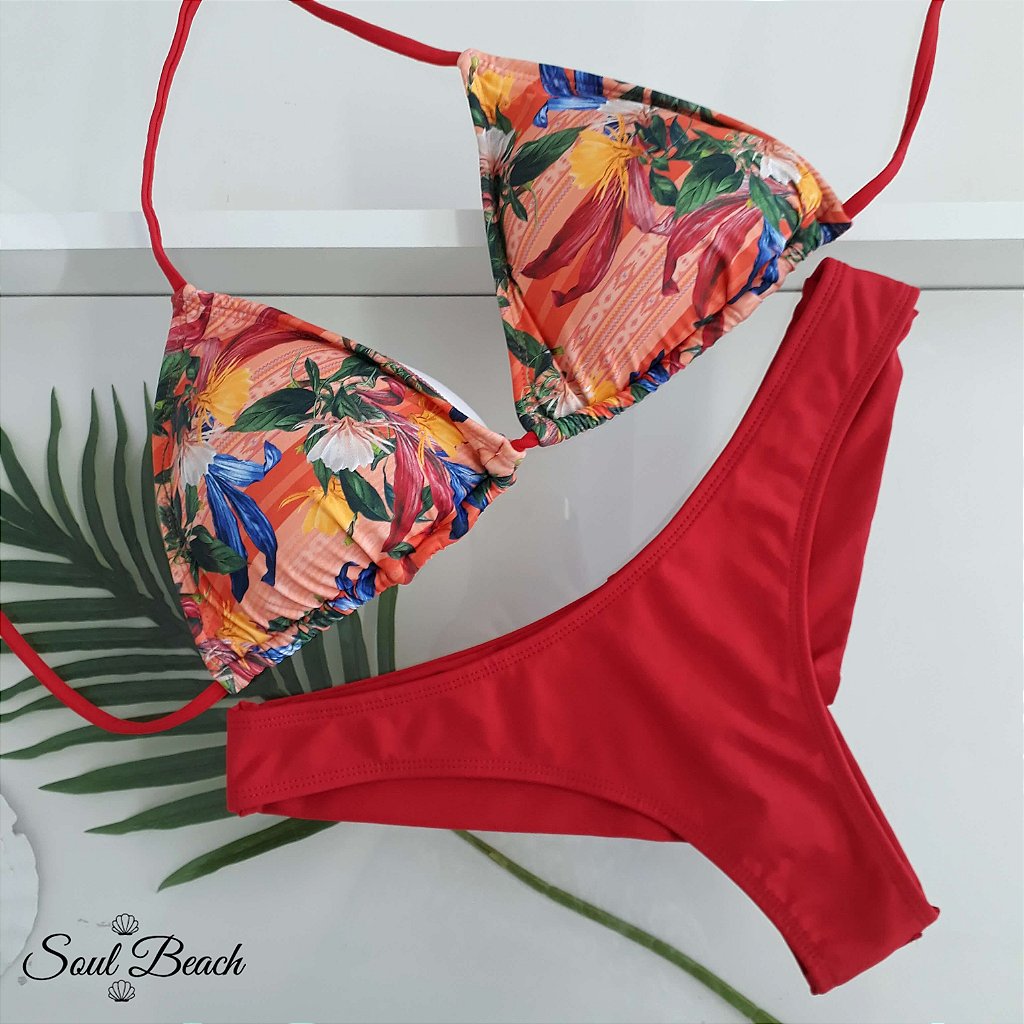 Soul Beach Moda Praia biquíni cortininha fio duplo floral vermelho