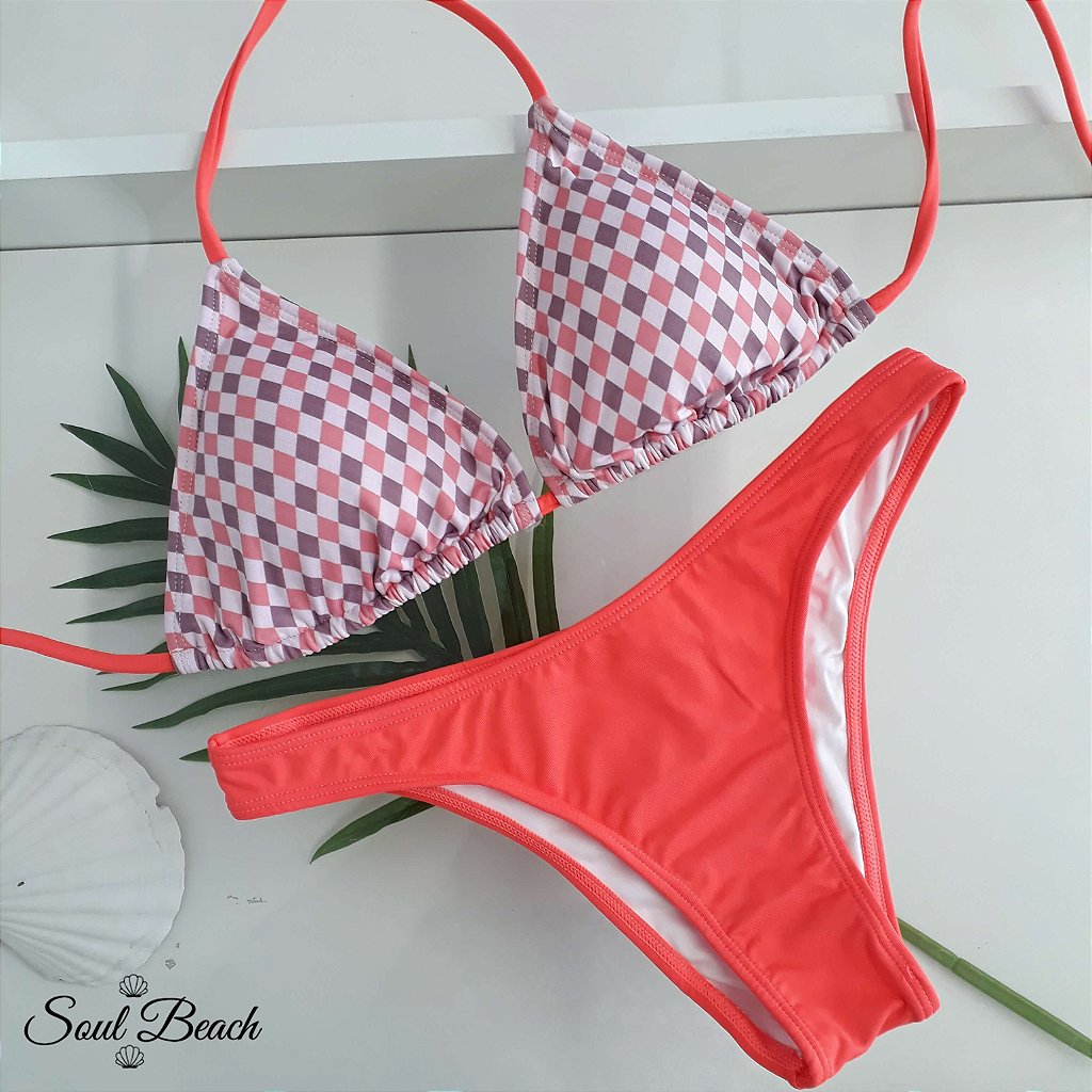 Soul Beach Moda Praia biquíni cortininha básica xadrez laranja