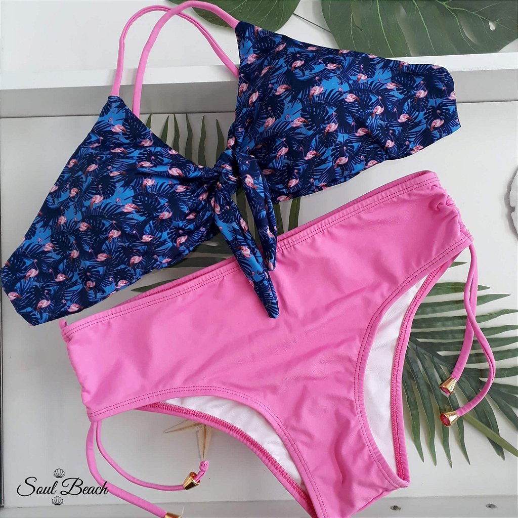 Soul Beach Moda Praia biquíni laço sunquíni flamingo rosa