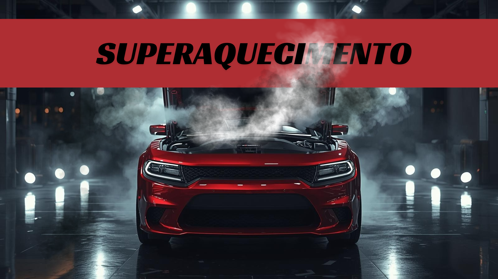 Carro vermelho com capô aberto e fumaça saindo do motor