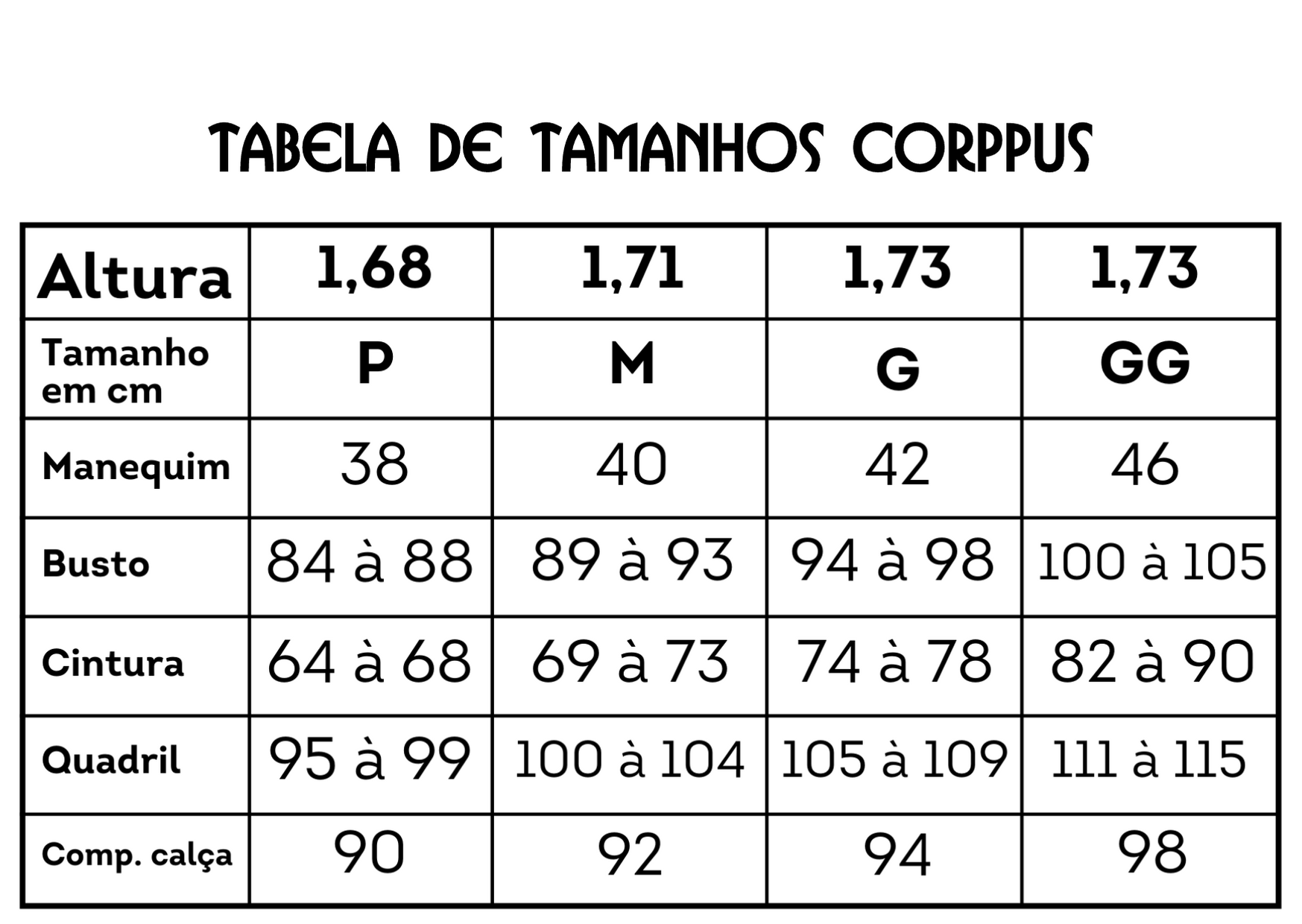 tabela de tamanhos