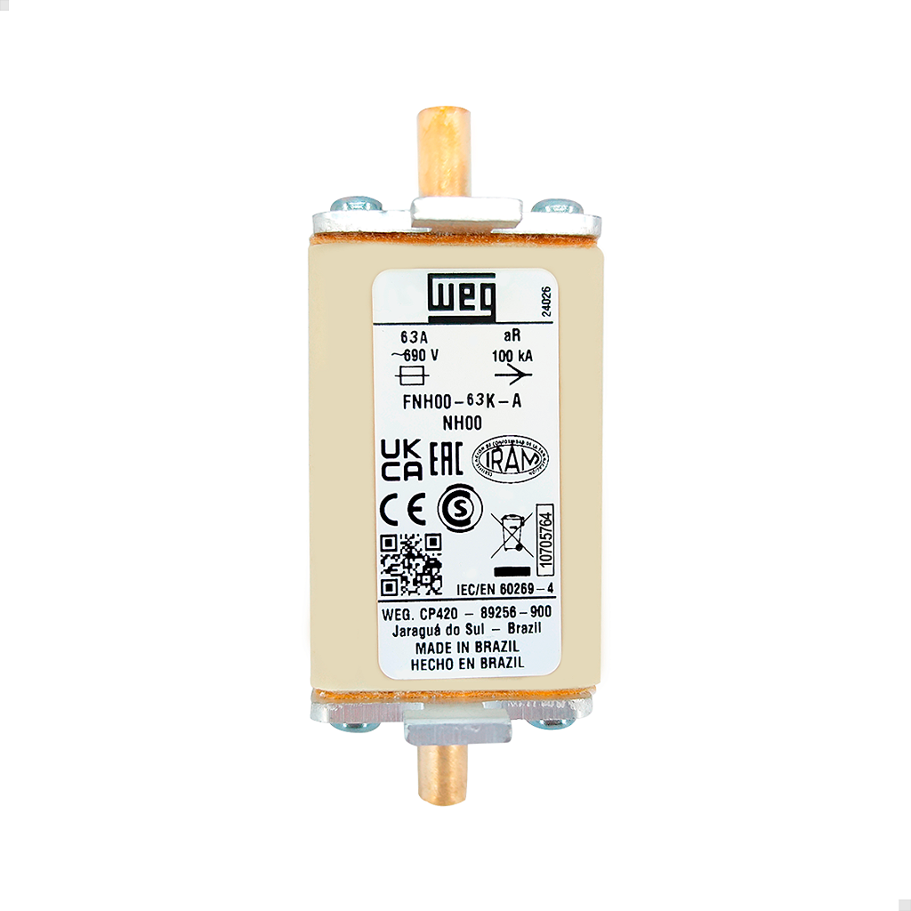 Fusível Ultra Rápido Weg 63a Nh00 Fnh00-63k-a 690v 100ka - Unitek