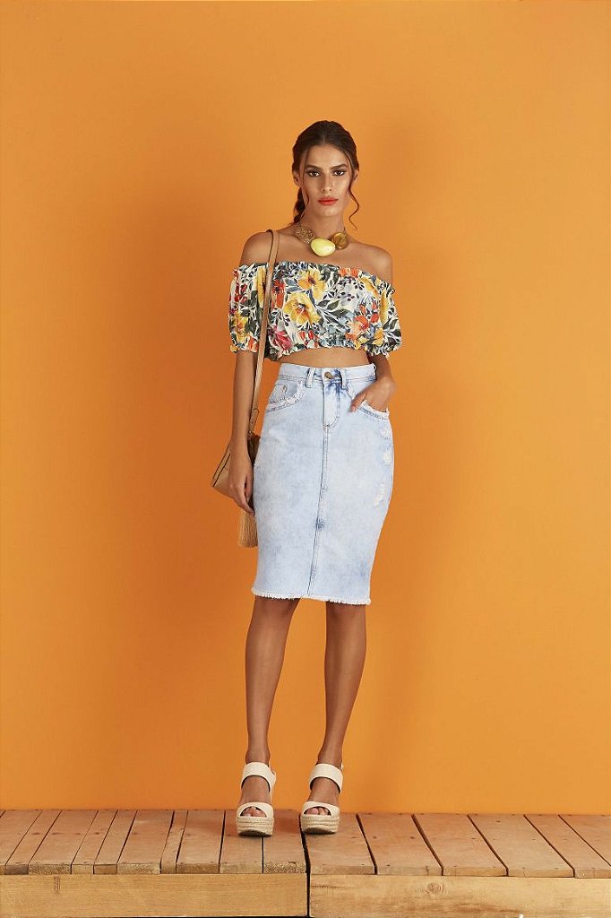 saia jeans midi justa