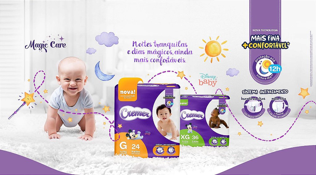 FRALDA CREMER DISNEY BABY MAGIC CARE XG C/52 UNIDADES - Clube da Fralda