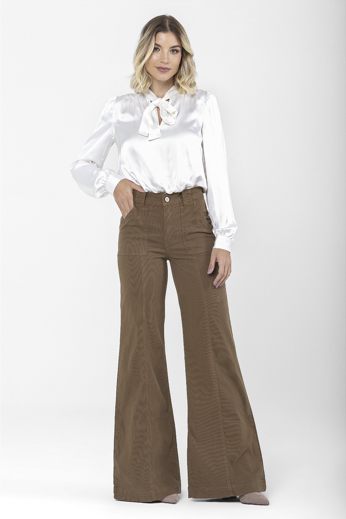 Calça Pantalona Sarja Cotelê Marrom - Faro