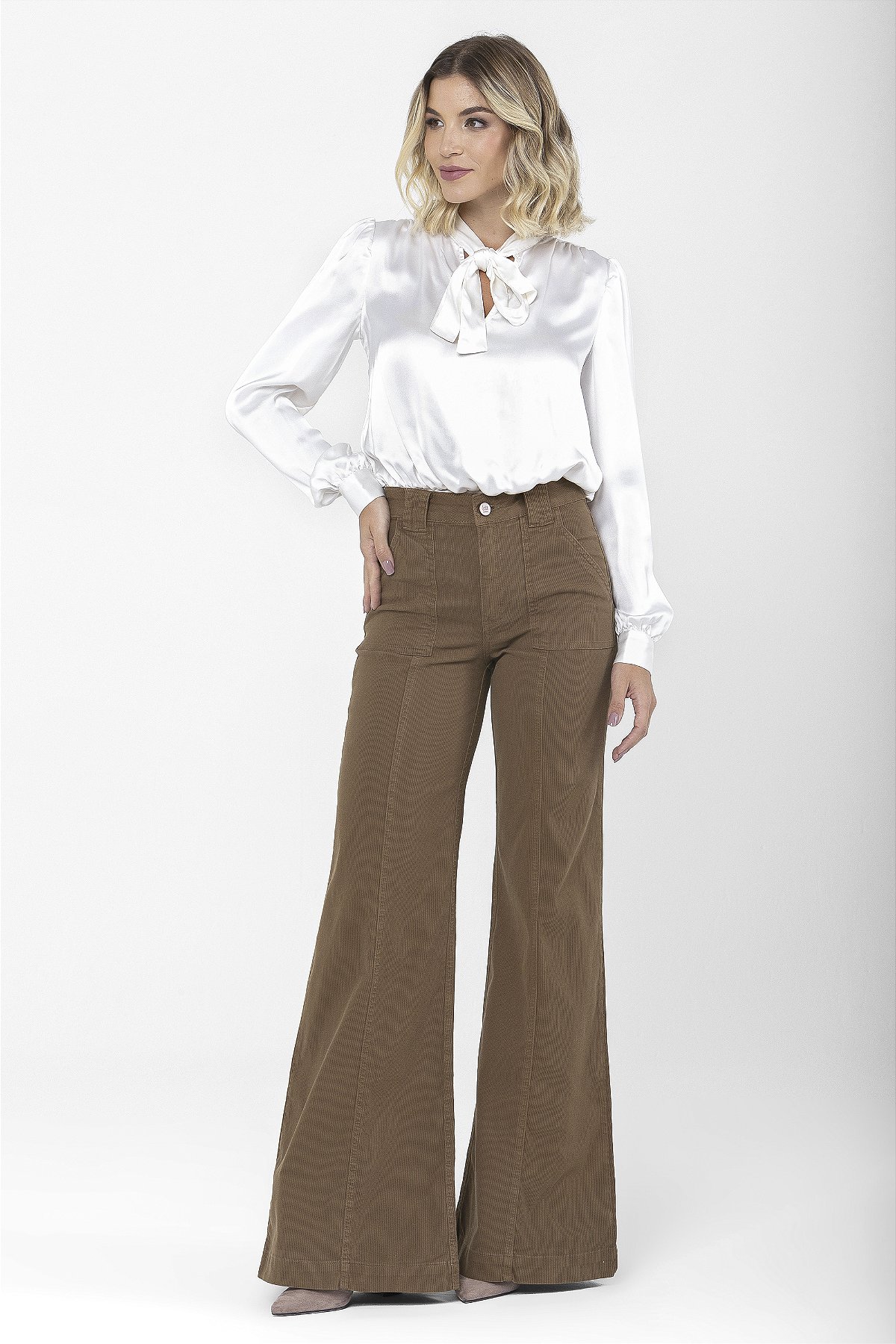 Calça Pantalona Sarja Cotelê Marrom - Faro