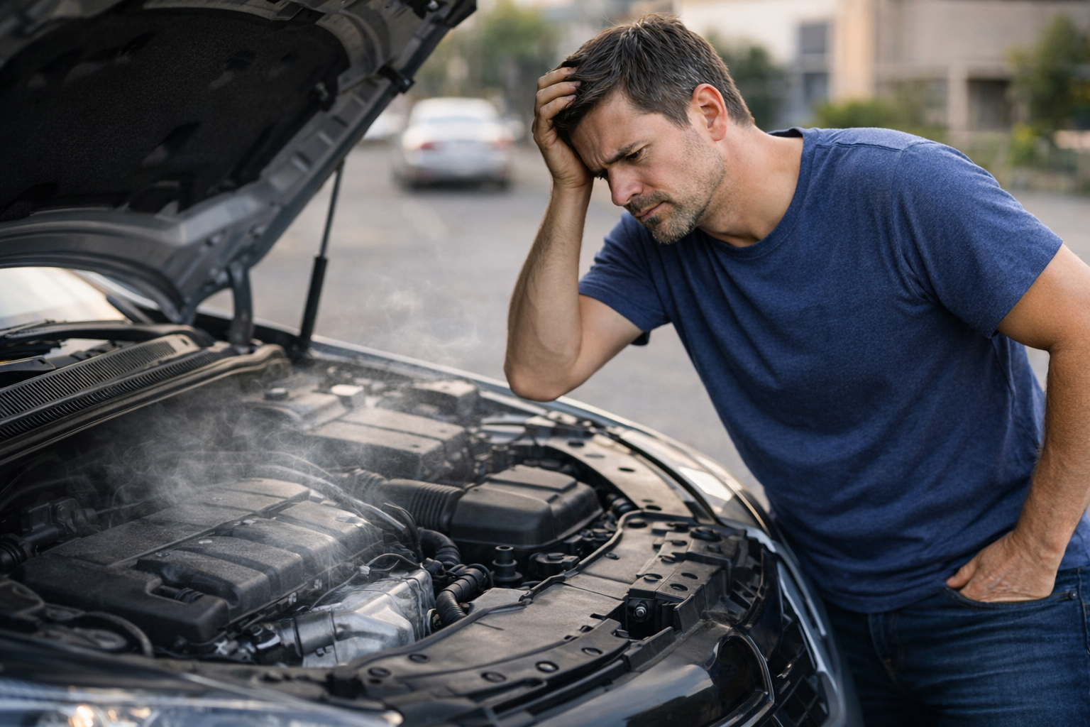 motor com fumaça e motorista preocupado por falta de troca de óleo