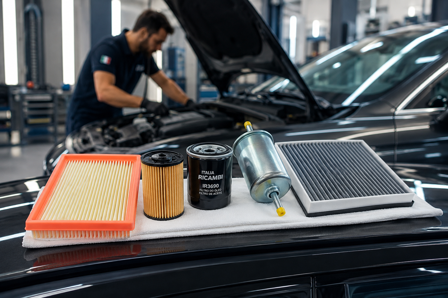 Principais filtros do carro durante revisão de manutenção preventiva