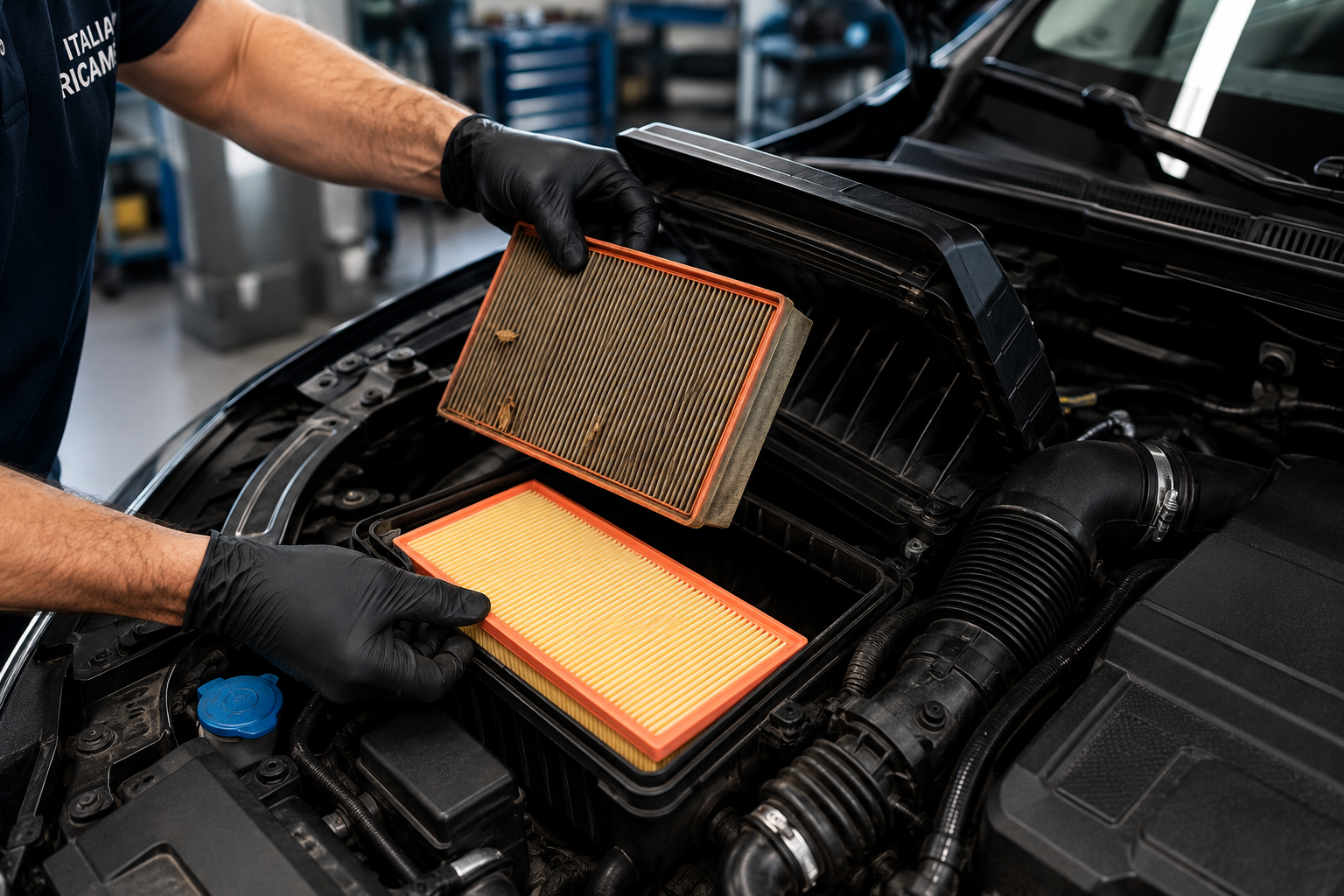 Troca do filtro de ar do motor em revisão automotiva