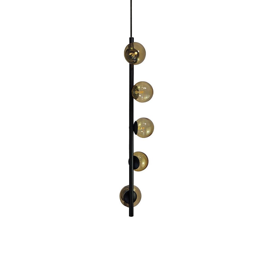 Lustre Vertical Figo PRETO - 5 Globos Esfera de Vidro Âmbar - Trybo Design  e Iluminação