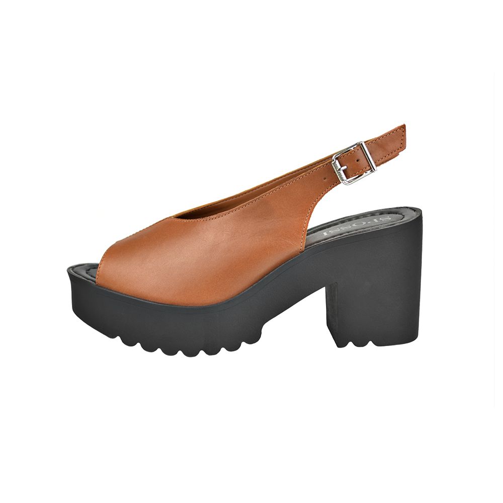 Sandália Peep Toe Spossi Tratorada Couro Castanho - SPOSSI