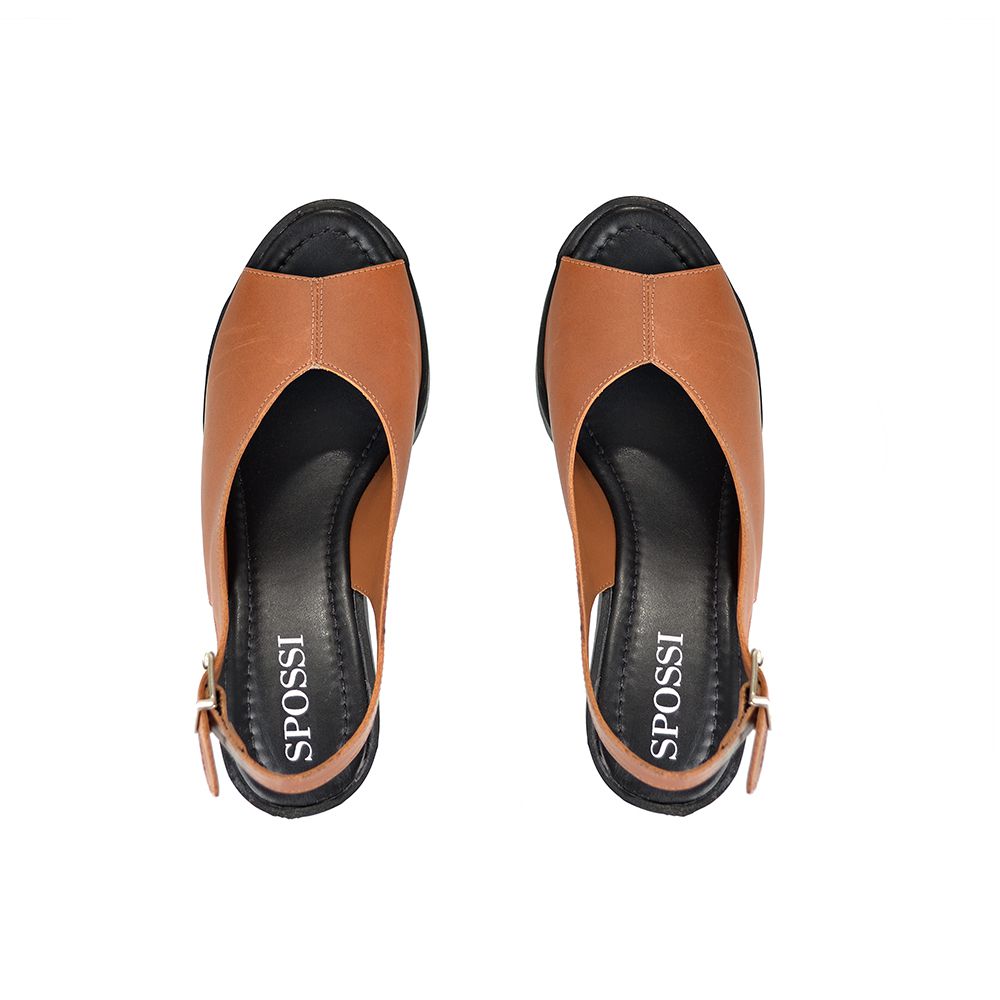 Sandália Peep Toe Spossi Tratorada Couro Castanho - SPOSSI