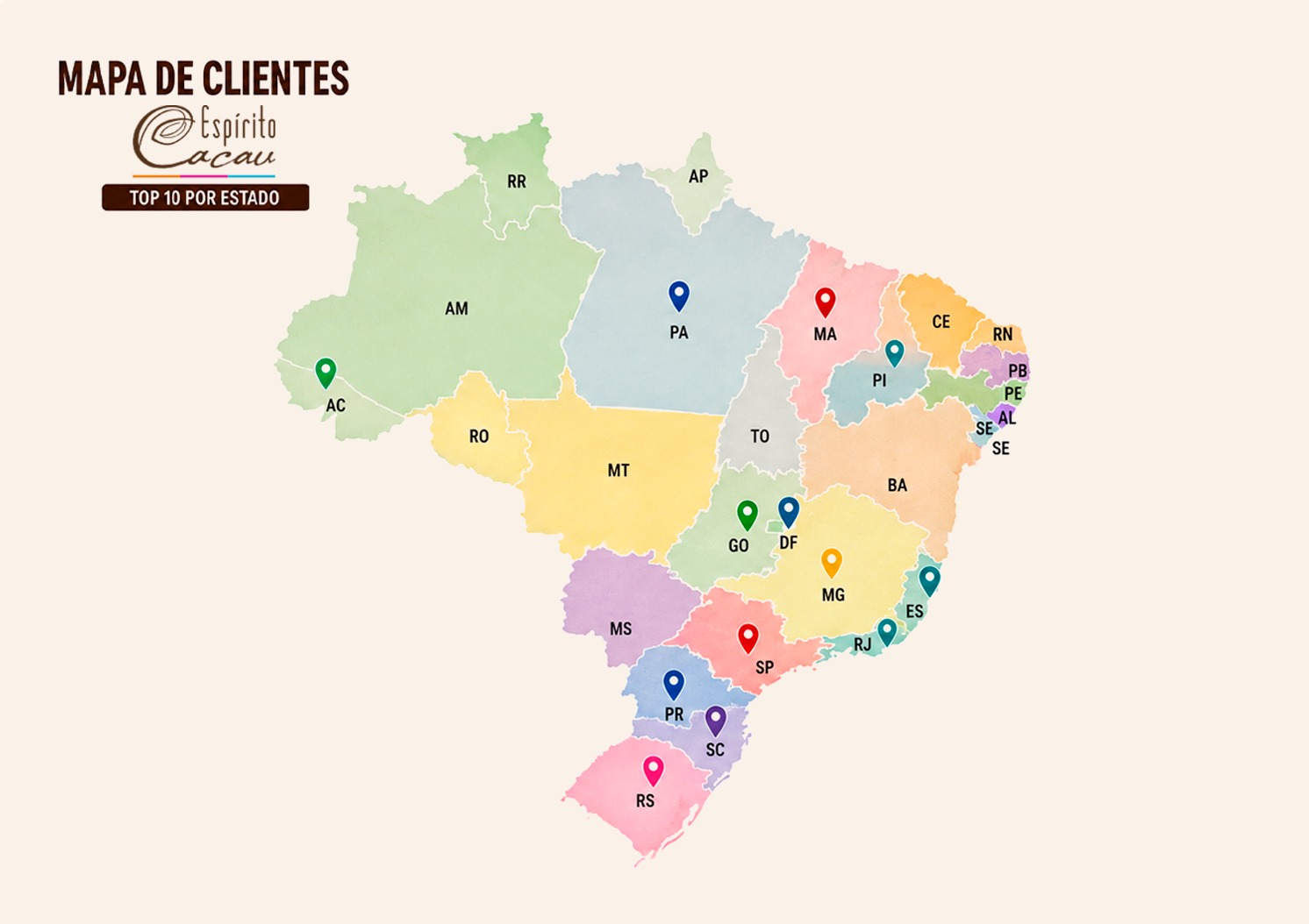 Mapa do Brasil destacando os 13 estados onde os chocolates Espírito Cacau são vendidos