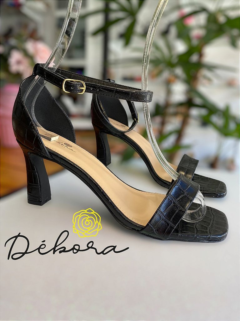 Sandália tira única salto fino croco preto - Debora Shoes