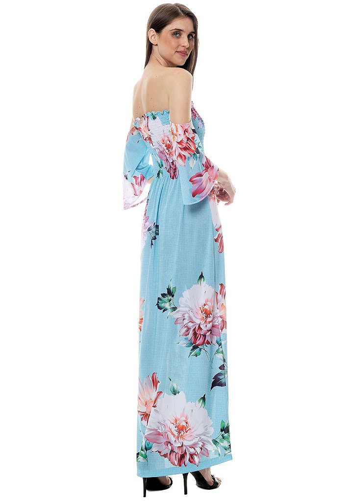 vestido azul e rosa longo