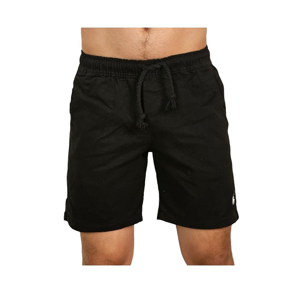 Short Sarja Ralph Lauren Preto Com Elastano Logo Clássico Branco
