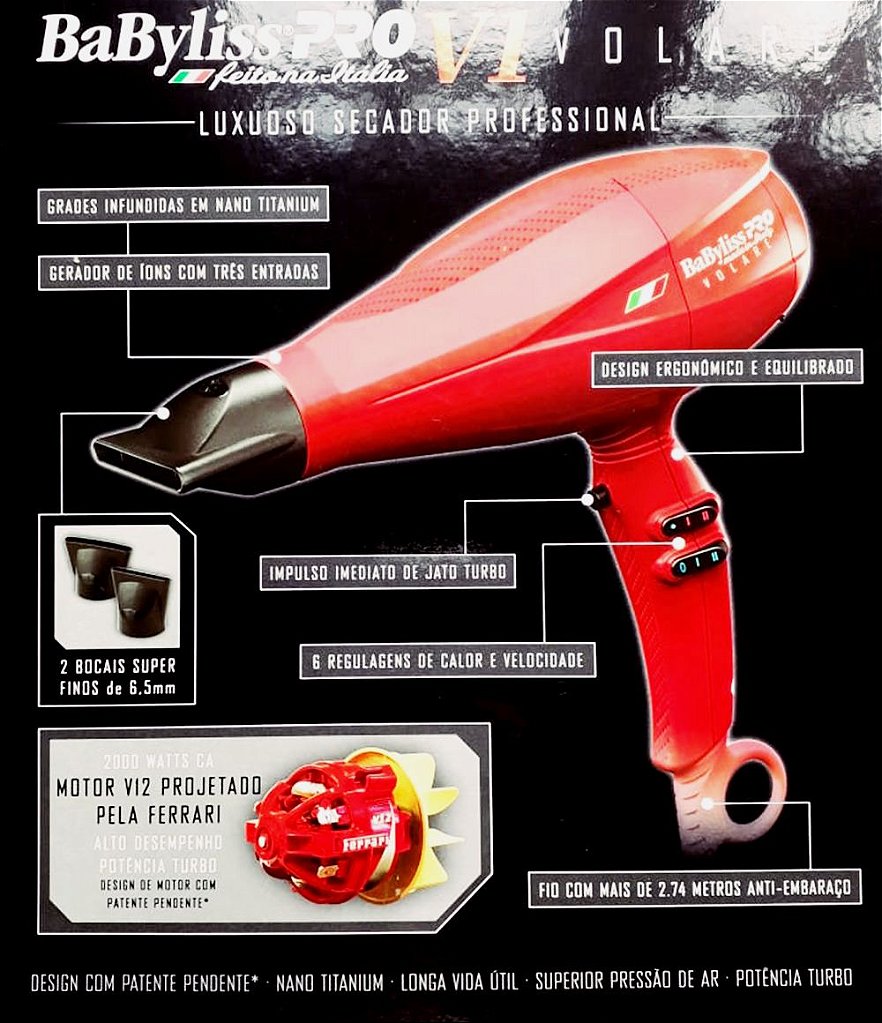 Secador Ferrari Volare V1 2200w Vermelho Babyliss Pro By Roger - Rosa  Choque Cosmeticos