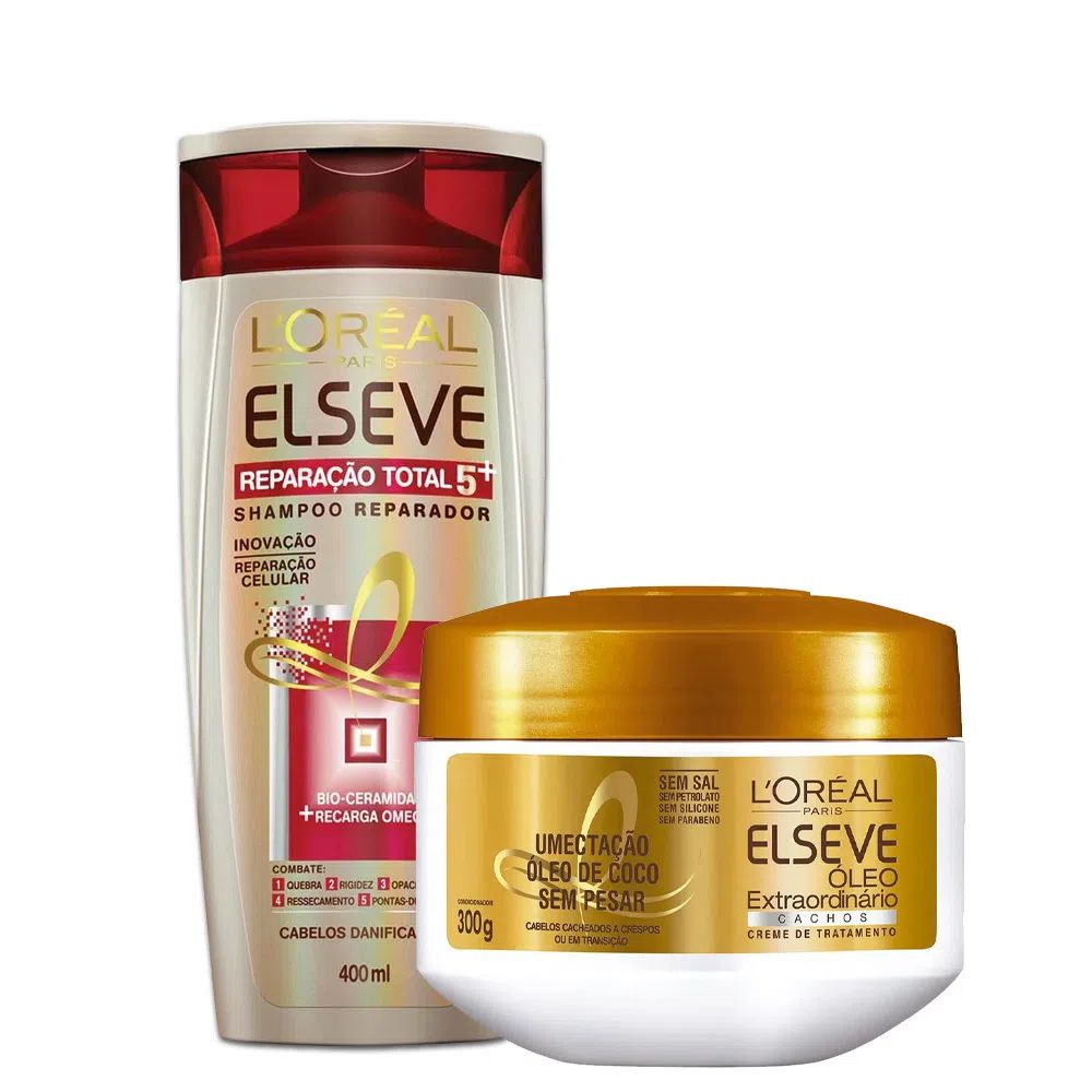 Kit Elseve Shampoo Reparação Total 5 400ml + Máscara de Tratamento Óleo  Extraordinário Cachos 300g - Farmabit