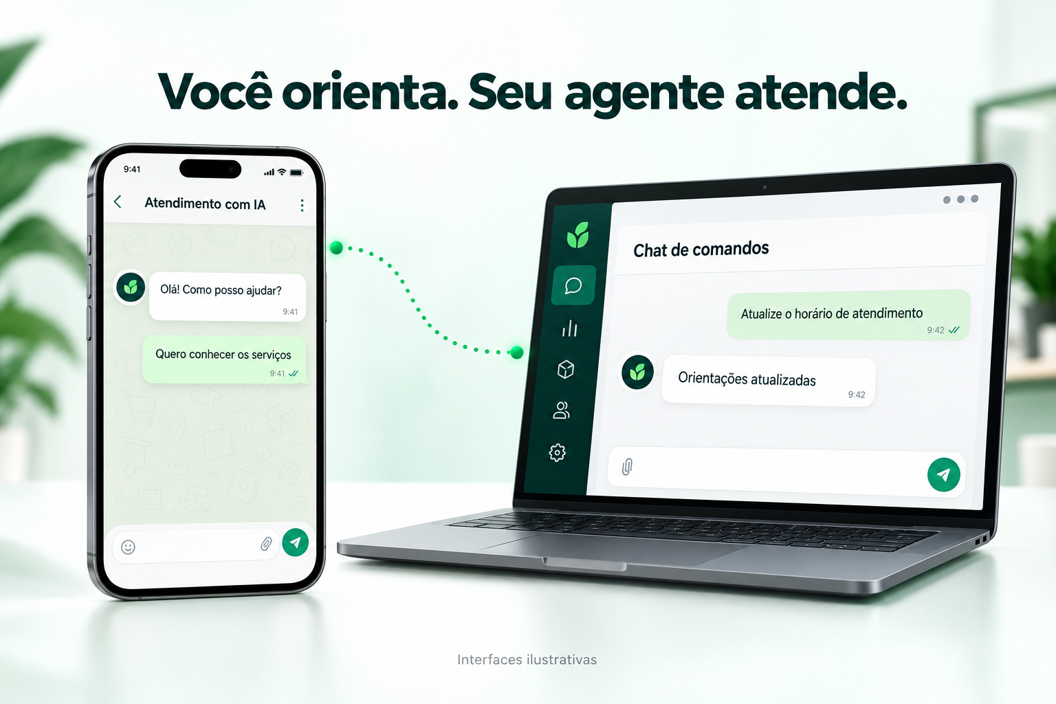 Ilustração do atendimento pelo WhatsApp e do chat de comandos do agente
