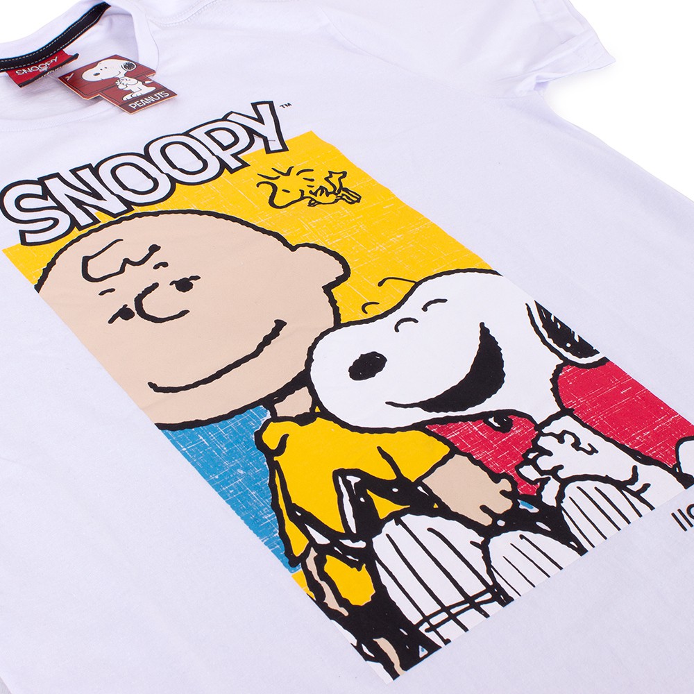 Camiseta Charlie e Snoopy Branca Oficial Viva a Vida com Arte Viva com Art Rock