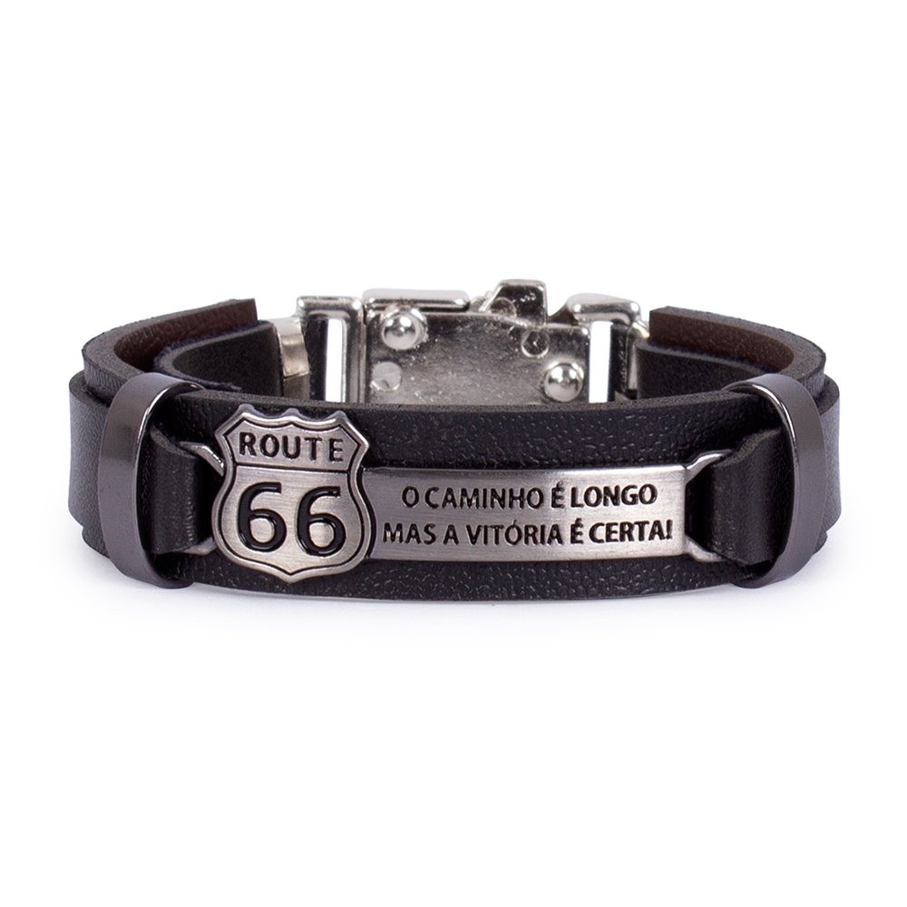 Pulseira Em Couro e Aço Inoxidável Route 66 Preta Art Rock