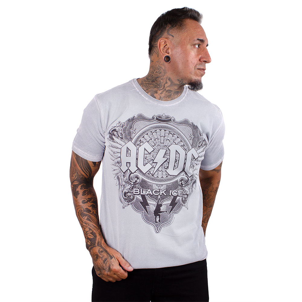 Rockin’E様 Camiseta ACDC Black Ice Estonada Premium Cinza Oficial - Art Rock