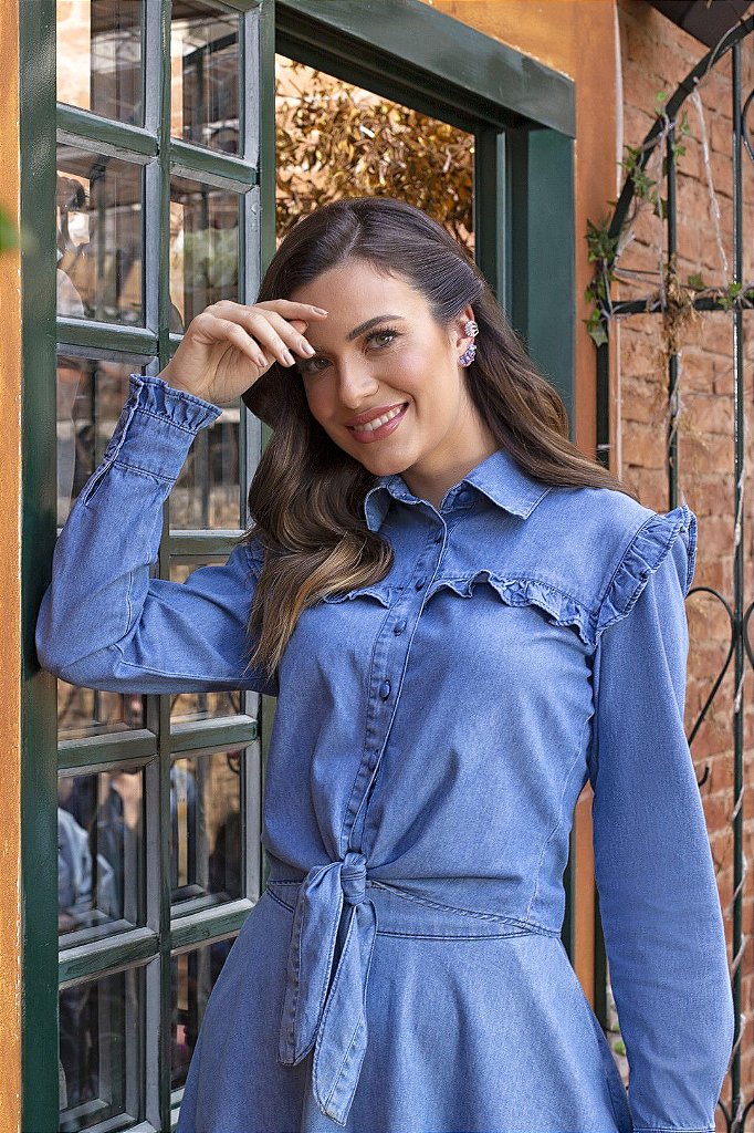 Camisa Jeans Com Detalhe De Babados E Amarração Laura Rosa - Dellilu - Moda  Clássica e Executiva
